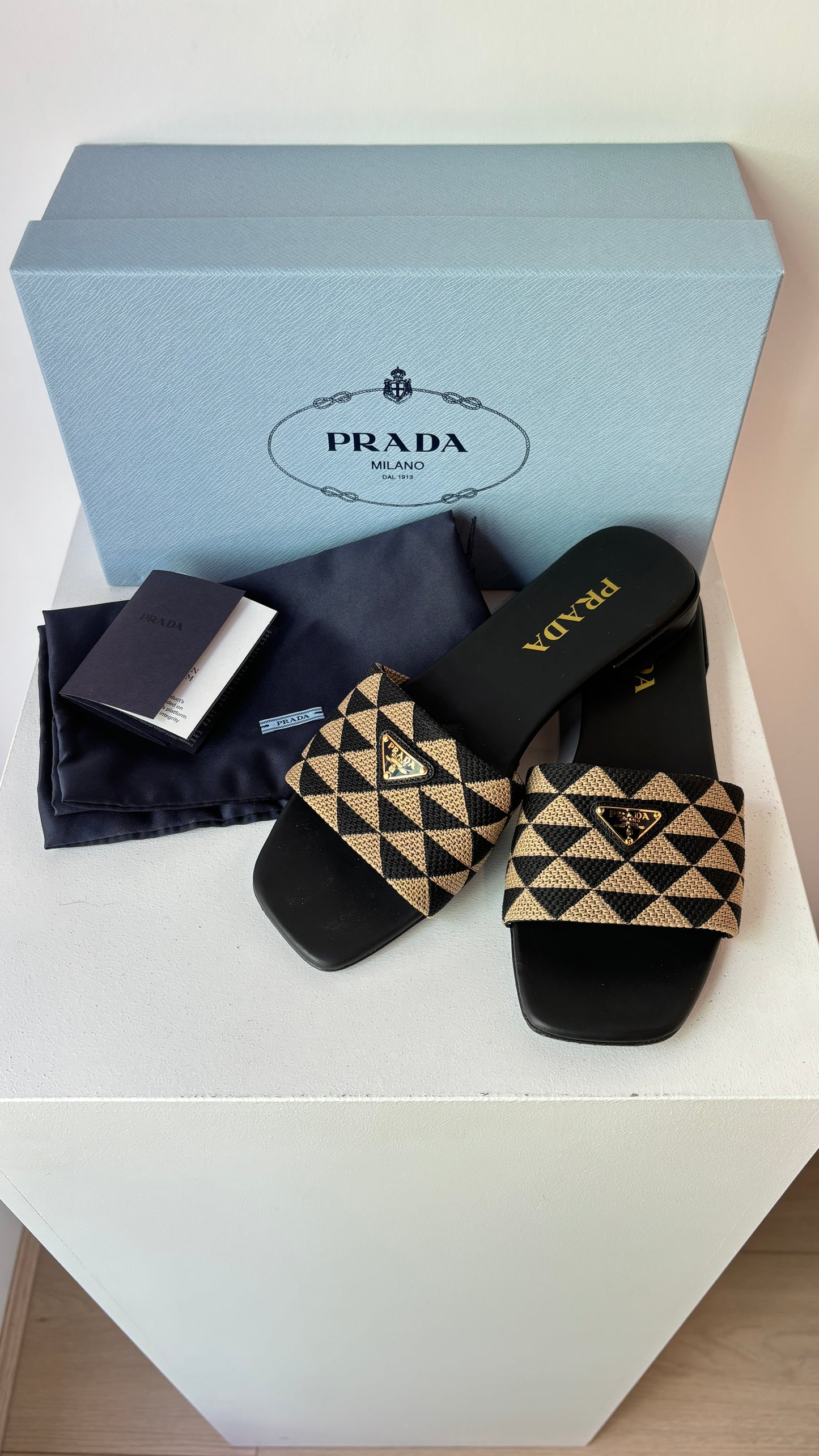 Prada black/beige embroidered slides ~ size 39