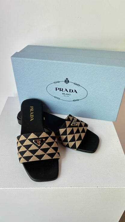 Prada black/beige embroidered slides ~ size 39