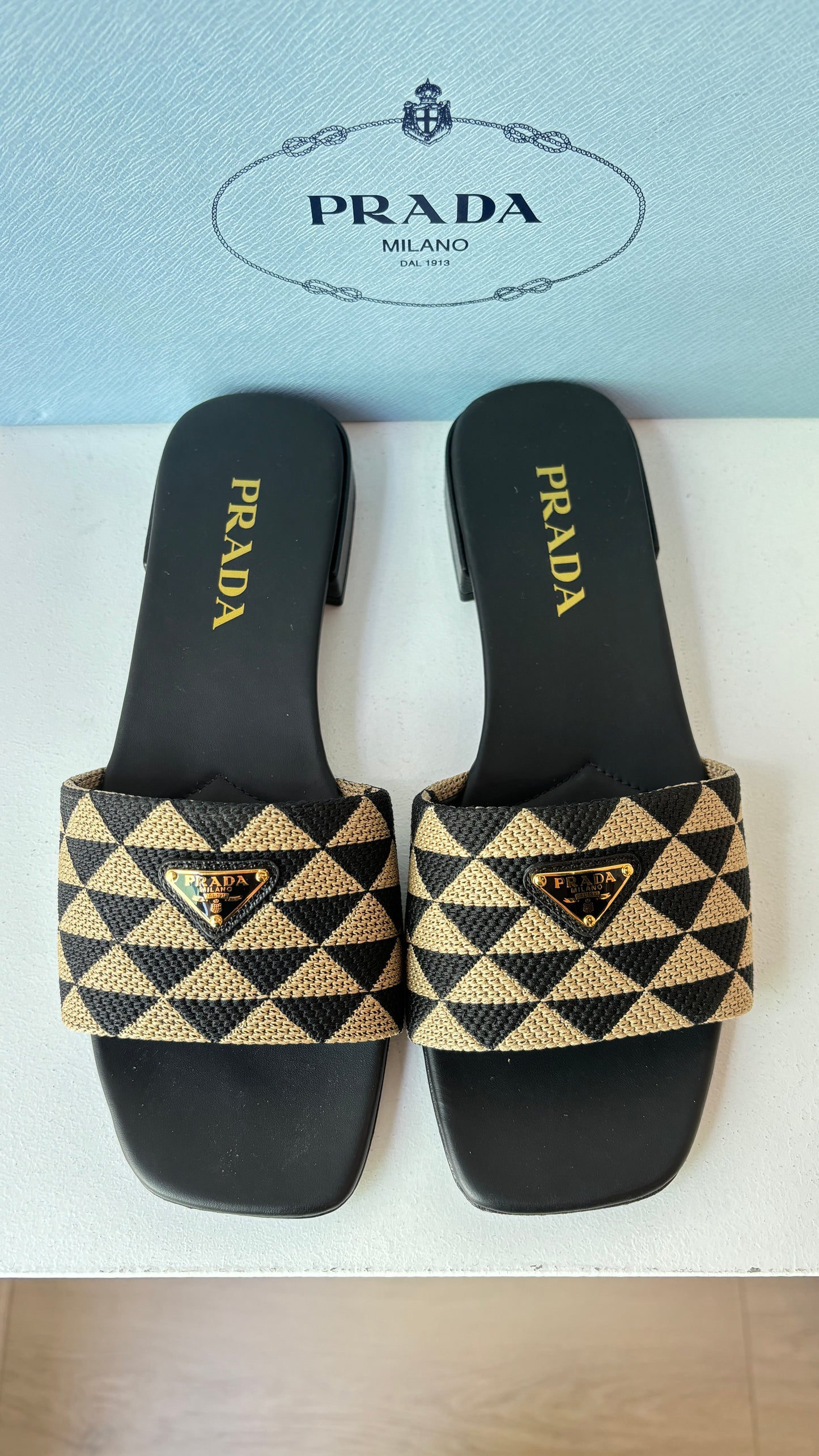 Prada black/beige embroidered slides ~ size 39