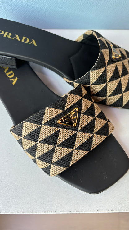 Prada black/beige embroidered slides ~ size 39