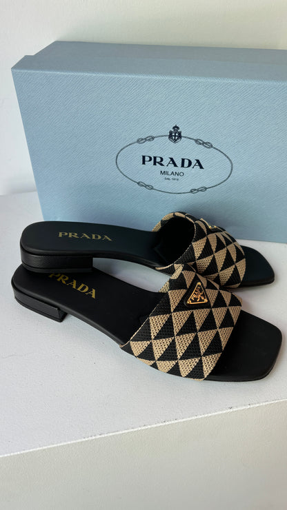 Prada black/beige embroidered slides ~ size 39