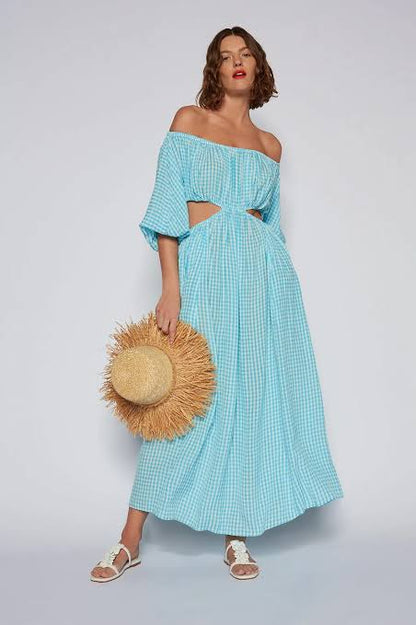 Scanlan Theodore aqua gingham maxi dress ~ size 8